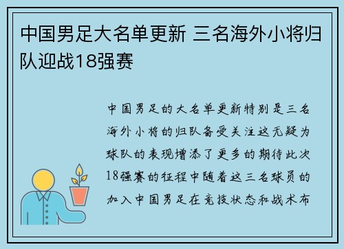 中国男足大名单更新 三名海外小将归队迎战18强赛 中国男足大名单更新 三名海外小将归队迎战18强赛