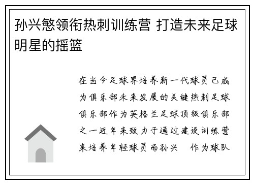 孙兴慜领衔热刺训练营 打造未来足球明星的摇篮